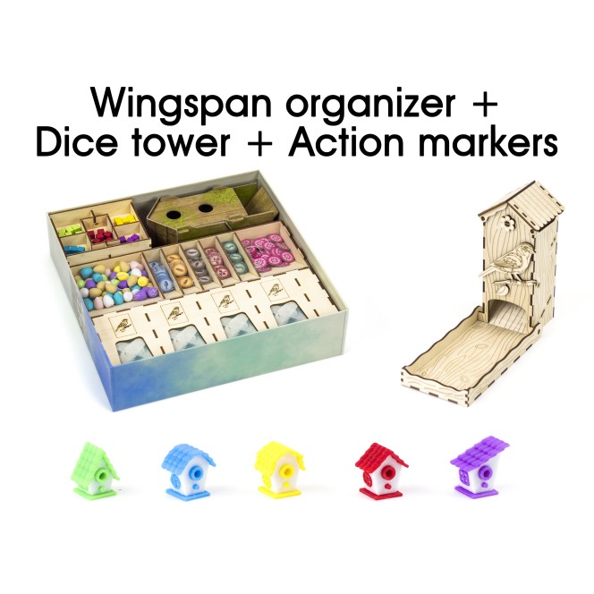 Wings Big Bundle | Organizer, Chickadee Dice tower and Action markers for Wingspan